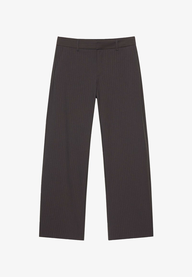 Pantalon marron foncé à fines rayures, coupe droite, avec passants pour ceinture et fermeture éclair devant, présenté à plat sur fond blanc.