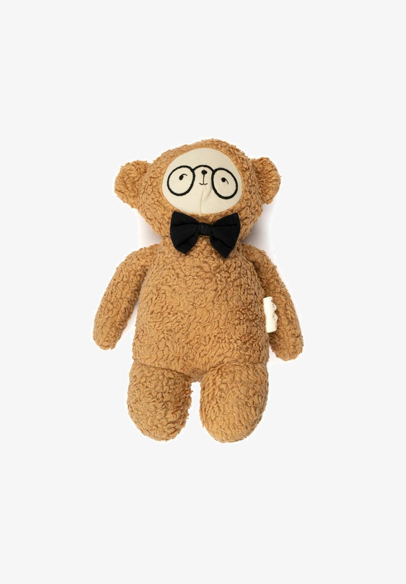 Stuffed bear with a texture resembling fluffy fur, tan color, black bow tie, round glasses on a cream face, and soft body.