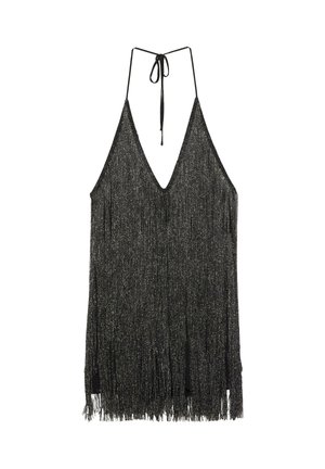 Fringe halter top iz črnega teksturiranega blaga z metalnimi poudarki, z globokim V-izrezom in prilagodljivimi vezicami.