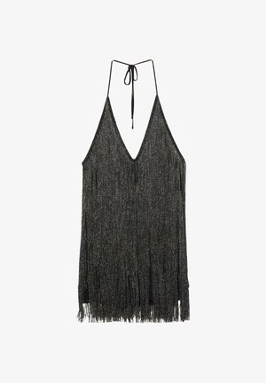 Top a halter con frange realizzato in tessuto nero testurizzato con accenti metallici, caratterizzato da un profondo scollo a V e spalline regolabili.