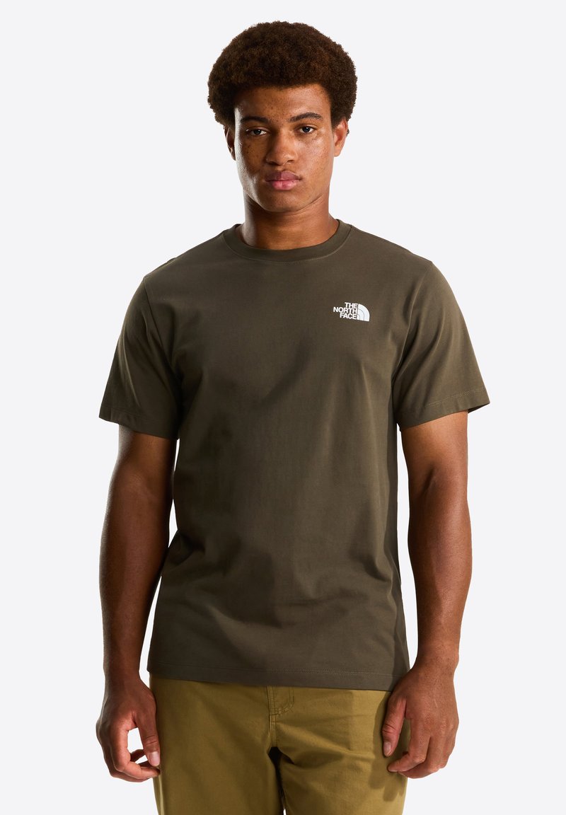 Olive green cotton t-shirt with a round neck and short sleeves; features a white logo on the left chest area. Soft texture.