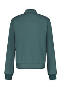 Teal bomberjack, glad materiaal, kraagloos ontwerp, ribgebreide manchetten en zoom, lange mouwen en geen zichtbare sluitingen op de achterkant.