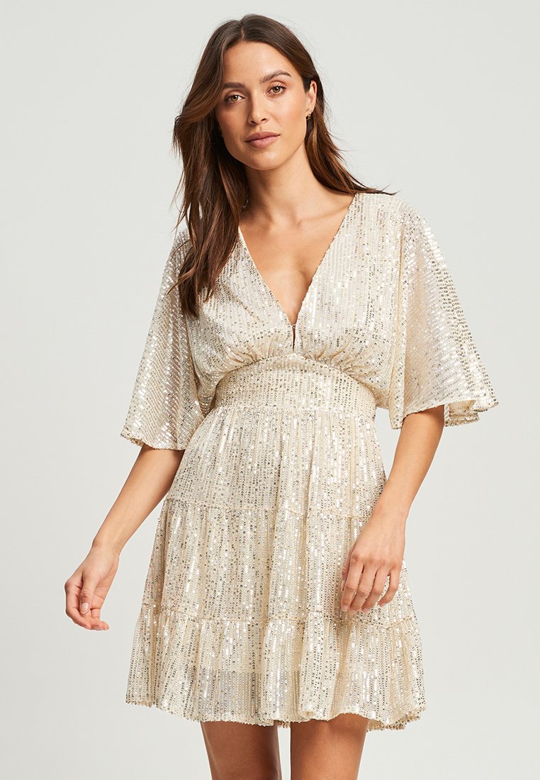 Robe Cocktail Paillettes Femme - Col V Manches Longues Soirée Mariage