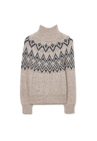 Maglione lavorato a maglia di un beige chiaro con un colletto alto. Presenta un motivo geometrico scuro sul petto e polsini e orlo a costine. Tessuto morbido.