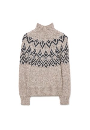 Knit pullover in light beige with a high collar. Features a dark geometric pattern at the chest and ribbed cuffs and hem. Soft texture.