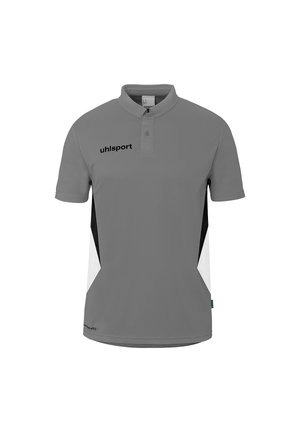 Polo gris à manches courtes avec des panneaux latéraux noirs et blancs et le logo "uhlsport" sur le côté gauche de la poitrine.