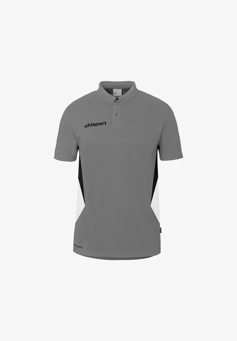 Polo gris à manches courtes avec des panneaux latéraux noirs et blancs et le logo "uhlsport" sur le côté gauche de la poitrine.