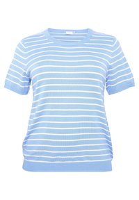Lyseblå kortærmet t-shirt med hvide vandrette striber. Har en rund halsudskæring og blødt, let stof. Løs pasform forneden.