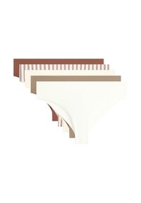 Cinq culottes de bikini sans coutures pour femmes en blanc uni, beige, marron, crème et blanc avec des rayures marron, superposées en forme d’éventail.