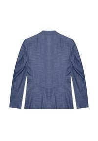 Blazer navy su misura in tessuto testurizzato, design slim fit, con uno spacco centrale e rever a punta, maniche lunghe e senza bottoni visibili.