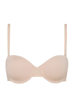 Beige padded underwire bra with smooth fabric, adjustable straps, and a seamless design. Features a central panel connecting the cups.