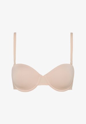 Beige padded underwire bra with smooth fabric, adjustable straps, and a seamless design. Features a central panel connecting the cups.