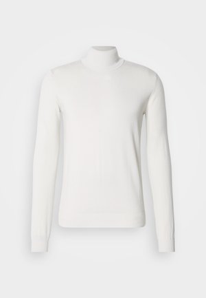 Weißer Rollkragenpullover aus geripptem Strickstoff. Mit langen Ärmeln, taillierter Passform und glatter Textur.