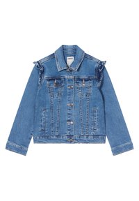 Ledenjacke in Hellblau mit Rüschendetails an den Schultern, Knopfverschluss, zwei Brusttaschen und klassischem Kragendesign.