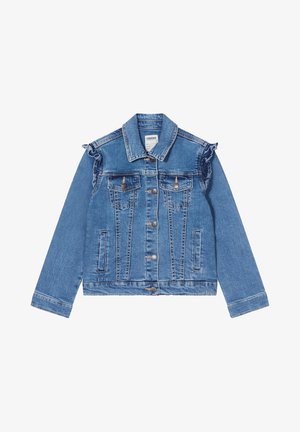 Giacca di denim in azzurro chiaro con dettagli arricciati sulle spalle, chiusure a bottoni, due tasche sul petto e un design classico del colletto.