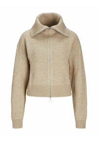 Beige ribbad kort tröja med hög krage, dragkedjeslutning i fronten och långa ärmar. Texturerad stickad mikrofiber med ett subtilt mönster.