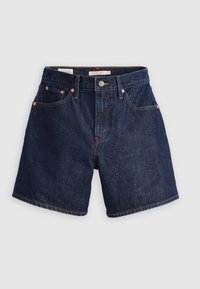 Denim shorts in dark blue, featuring a standard waistband, button closure, and five pockets. Finished with orange stitching.
