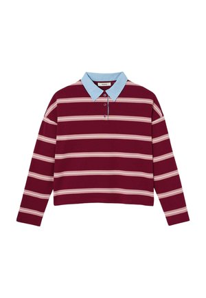 Polo marron à manches longues, col bleu clair et rayures blanches horizontales. Dispose de trois boutons au niveau du col. Tissu doux.