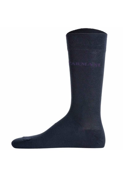 Marina crew-sockar gjorda av mjukt tyg med en ribbad topp och broderad "Armani"-logotyp i lila. Har en slät yta och en åtsittande design.
