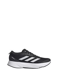 Chaussure de course Adidas Adizero SL noire avec des bandes blanches et une semelle blanche épaisse vue de côté sur fond blanc.