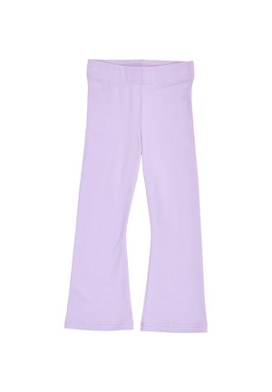 Pantalon en tissu flexible de couleur lilas avec une large taille et des jambes droites, adapté pour un usage décontracté.