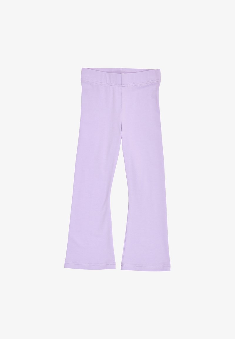 Pantalon en tissu flexible de couleur lilas avec une large taille et des jambes droites, adapté pour un usage décontracté.