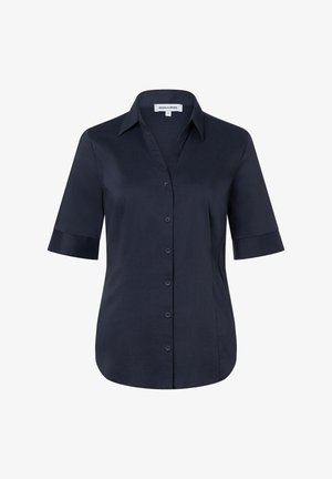 Navyblaues Kurzarmhemd mit Knopfleiste, spitzem Kragen und taillierter Passform.