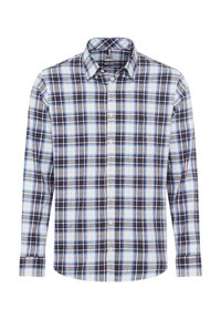 Camicia a maniche lunghe a quadri nei colori blu, bianco e rosso. Presenta un colletto con bottoni e bottoni frontali con orlo curvo. Tessuto morbido.