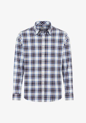 Camicia a maniche lunghe a quadri nei colori blu, bianco e rosso. Presenta un colletto con bottoni e bottoni frontali con orlo curvo. Tessuto morbido.