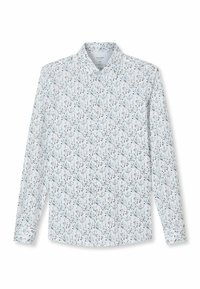 Weißes, langärmliges Hemd zum Zuschknöpfen mit einem hellblauen und braunen Blumenmuster und klassischem Kragen.