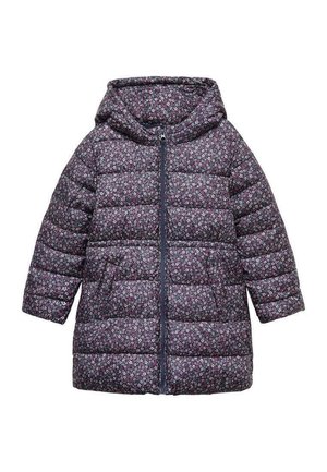 Piumino con cappuccio per bambino, sfondo scuro con stampa floreale piccola bianca e rosa, cerniera frontale e tasche laterali.