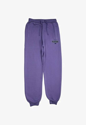 Pantalon de survêtement violet en tissu mélangé coton. Il comprend une ceinture élastique, un cordon de serrage, des poches latérales et un petit logo noir.
