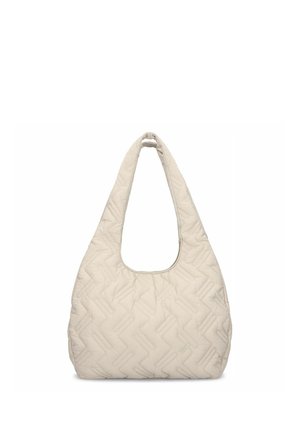 Beige quilted fabric shoulder bag with a soft, padded texture and a wide, rounded handle opening.