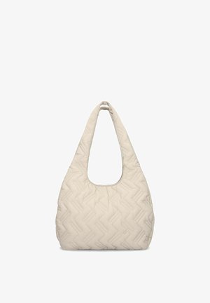 Beige quilted fabric shoulder bag with a soft, padded texture and a wide, rounded handle opening.