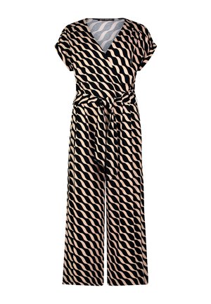 Black and beige jumpsuit with a wave pattern, short sleeves, a wrap design, and a waist tie for adjustment. Lightweight fabric with wide legs.
