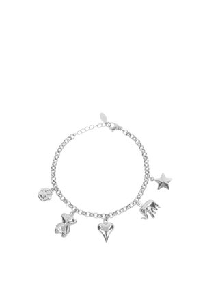 Braccialetto con charm in argento con maglie a catena che presenta cinque ciondoli: impronta di zampa, cane, cuore, elefante e stella, chiuso con una moschettone.