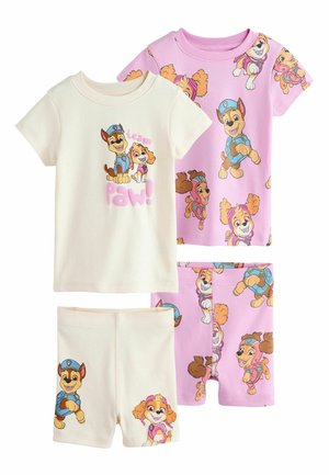 Two sets of children’s pajamas with Paw Patrol characters; one cream with “team paw!” text, one pink with all-over character prints.