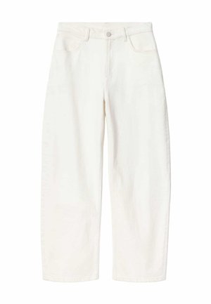 Jean denim blanc taille haute avec jambes larges, poches avant, passants de ceinture et fermeture à boutons à l'avant.