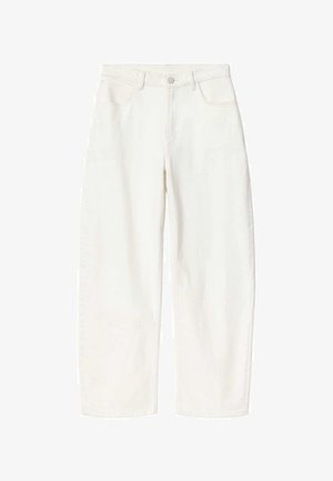 Jean denim blanc taille haute avec jambes larges, poches avant, passants de ceinture et fermeture à boutons à l'avant.