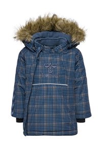 Blåt ternet vinterjakke med falsk pels hætte, lynlås og knaplukninger, samt elastiske manchetter. Har logo broderi på forsiden.
