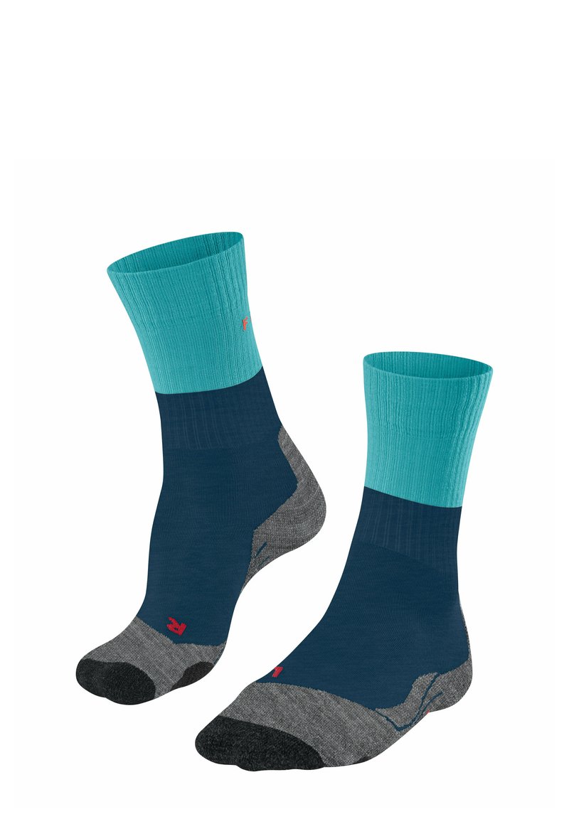 Türkis- und marineblaue Socken mit geripptem Bund, verstärktem grauem Fersen- und Zehenbereich, aus einem Textilmix für Komfort und Langlebigkeit.