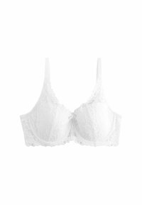 Reggiseno bianco in pizzo con coppe morbide decorate da motivi floreali, spalline regolabili e bordi ondulati per un tocco delicato.