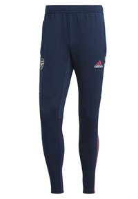 Pantalones deportivos de color navy, fabricados en un tejido suave, con un diseño ajustado, cinturilla elástica y logo de Adidas en rosa junto con un emblema del Arsenal.