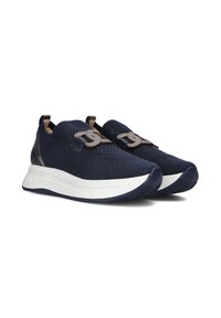 Navy blue knit sneakers with a textured upper, white midsole, and loop accents. Features a sleek, modern design and a cushioned sole.