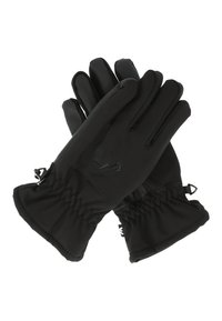Gants noirs en tissu doux et texturé avec un ajustement serré et une prise renforcée au niveau des doigts ; présentent un poignet froncé et un détail de logo.