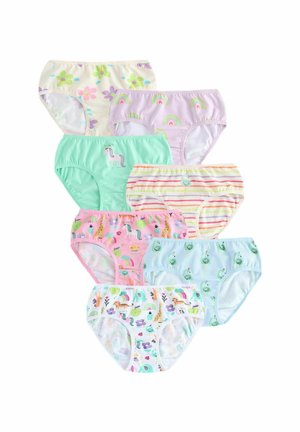 Set van zeven katoenen onderbroekjes voor kinderen in verschillende pastelkleuren en prints, met eenhoorns, bloemen en regenbogen. Verschillende ontwerpen en patronen.
