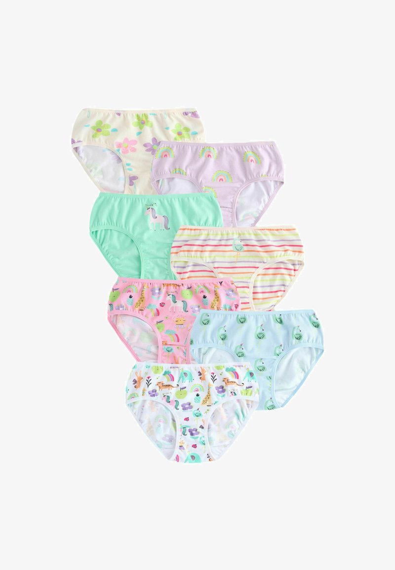 Siete calzoncillos infantiles coloridos con varios estampados que incluyen flores, arcoíris, unicornios, rayas, animales y cisnes dispuestos en dos columnas.