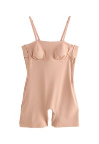 Beiger Einteiler-Shapewear-Body mit verstellbaren Spaghettiträgern und integriertem Unterbrust-BH, entworfen, um den Rumpf- und Oberschenkelbereich zu glätten.