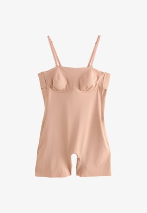 Béžový jednoczęstný tvarujúci body s nastaviteľnými tenkými ramienkami a zabudovanou podprsenkou s kostícami, navrhnutý na vyhladenie oblasti trupu a stehien.