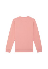 Sweatshirt rose en tissu doux. Doté d'un col rond, de manches longues et de poignets et d'un ourlet côtelés. Pas de motifs ni d'accents supplémentaires.